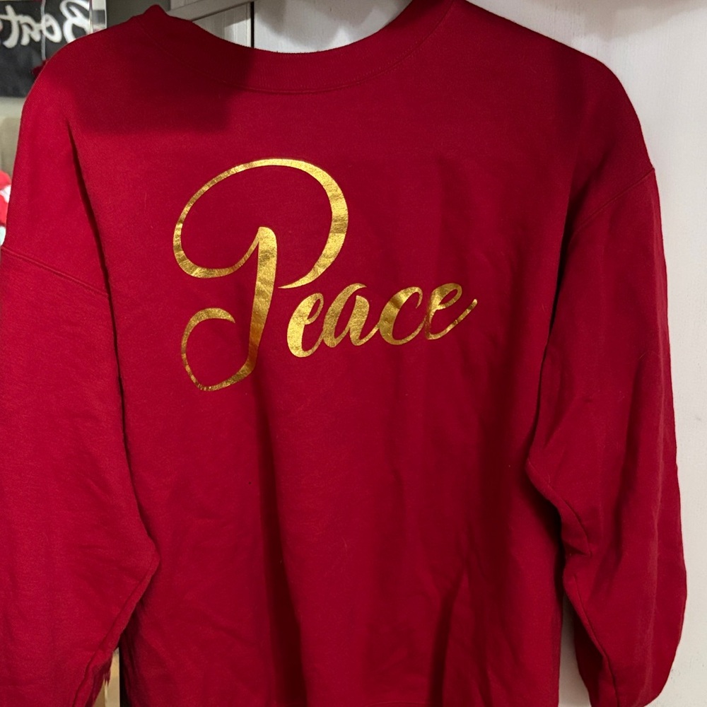 Red crewneck with Gold Peace Print